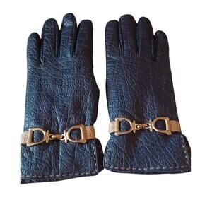 Aris Snuggler Blue Faux Leather Sherpa Lined Gloves Size Large Horsebit Buckle